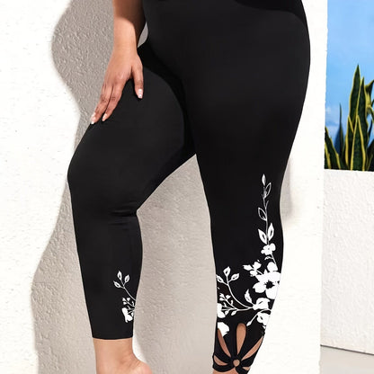 Women's Plus Floral Print Cut Out High Rise Stretch Leggings