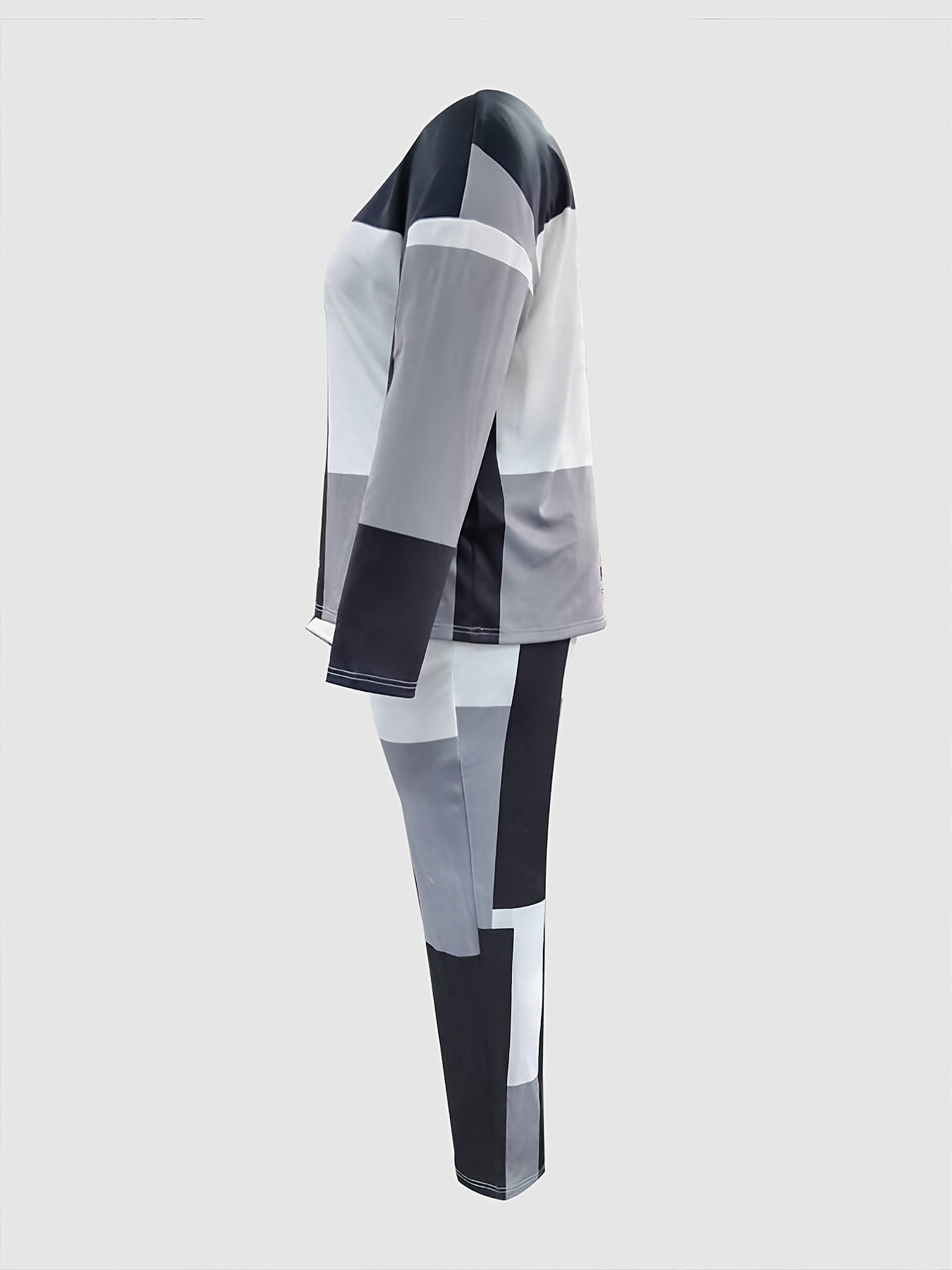Plus Size Color block Long Sleeve Tops & Pants Set