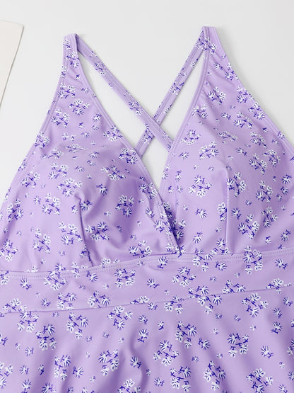 Plus Size Ditsy Floral Print V Neck Ruffle Hem One Piece Swimsuit