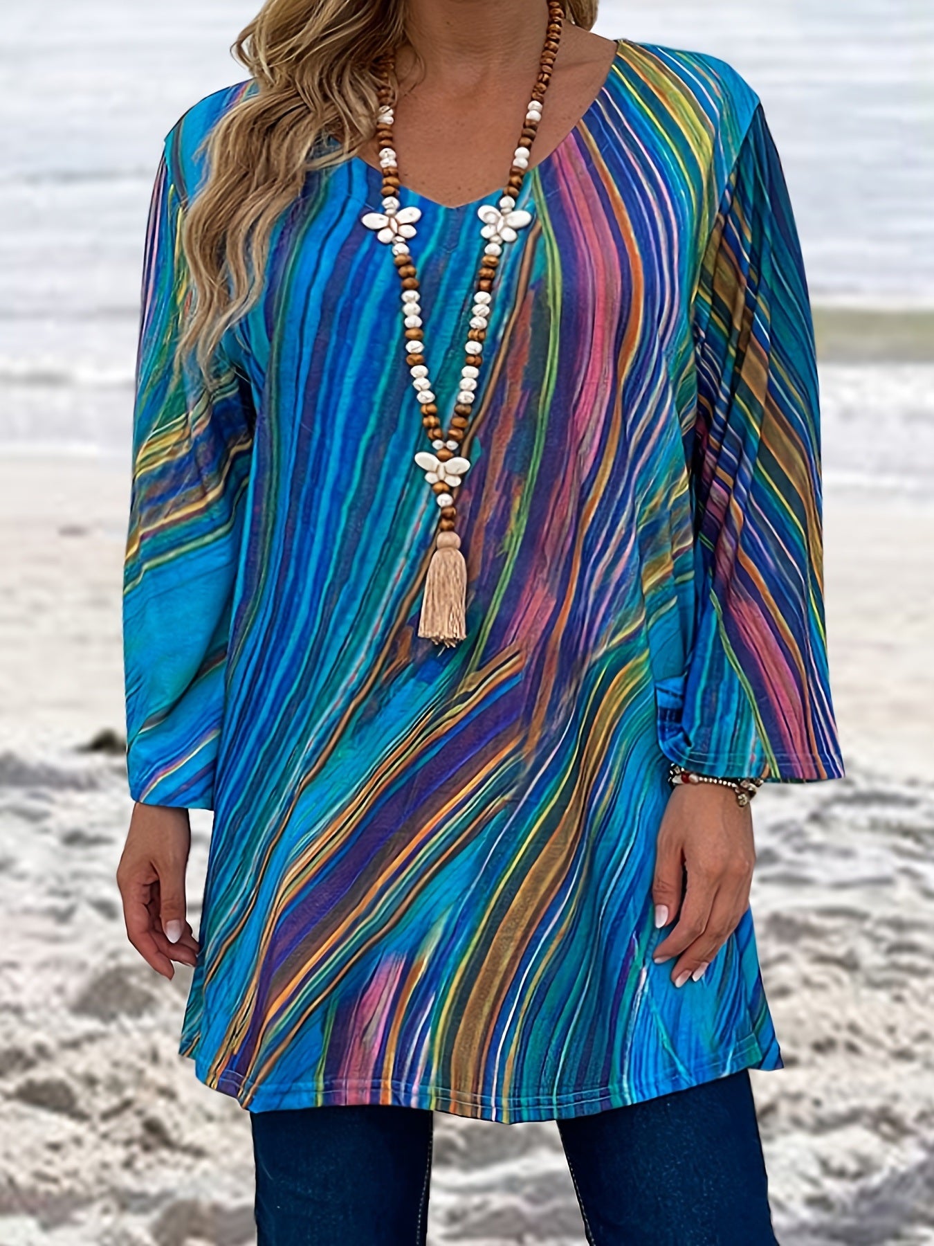 Women's Plus Fluid Print Half Sleeve V Neck Tunic Top