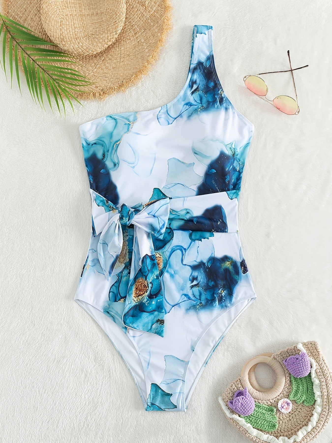 Plus Size Tie Dye Print Side Knot One Shoulder One Piece Swimsuit