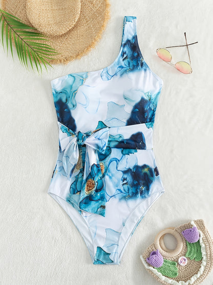 Plus Size Tie Dye Print Side Knot One Shoulder One Piece Swimsuit