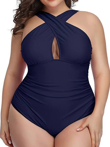 Plus Size Criss Cross Neck Cut Out One Piece Swimsuit