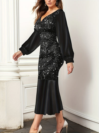 Sequined Mermaid Hem Dress, Elegant Long Sleeve V Neck Dress