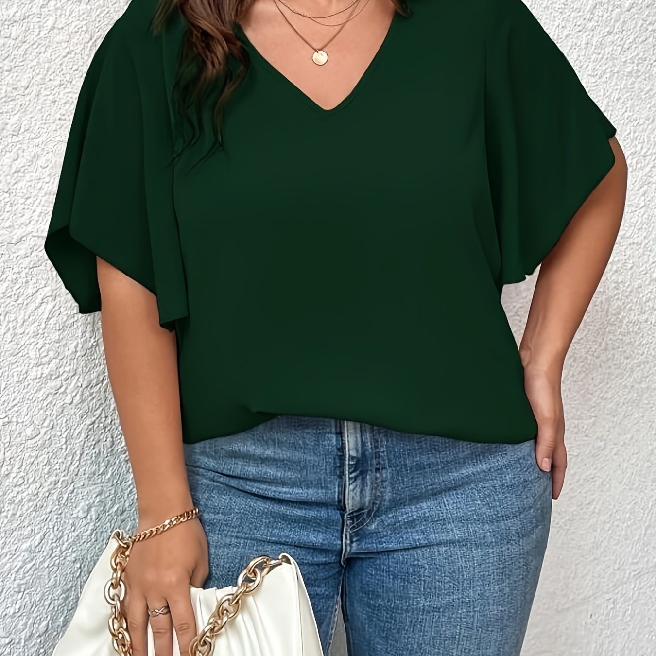 Plus Size Solid Color V Neck Bell Sleeve T-shirt