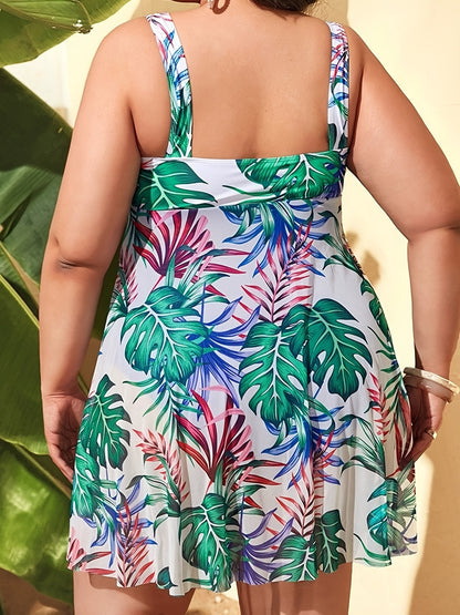 Plus Size Tropical Print Split Hem Contrast Mesh One Piece Swimsuit