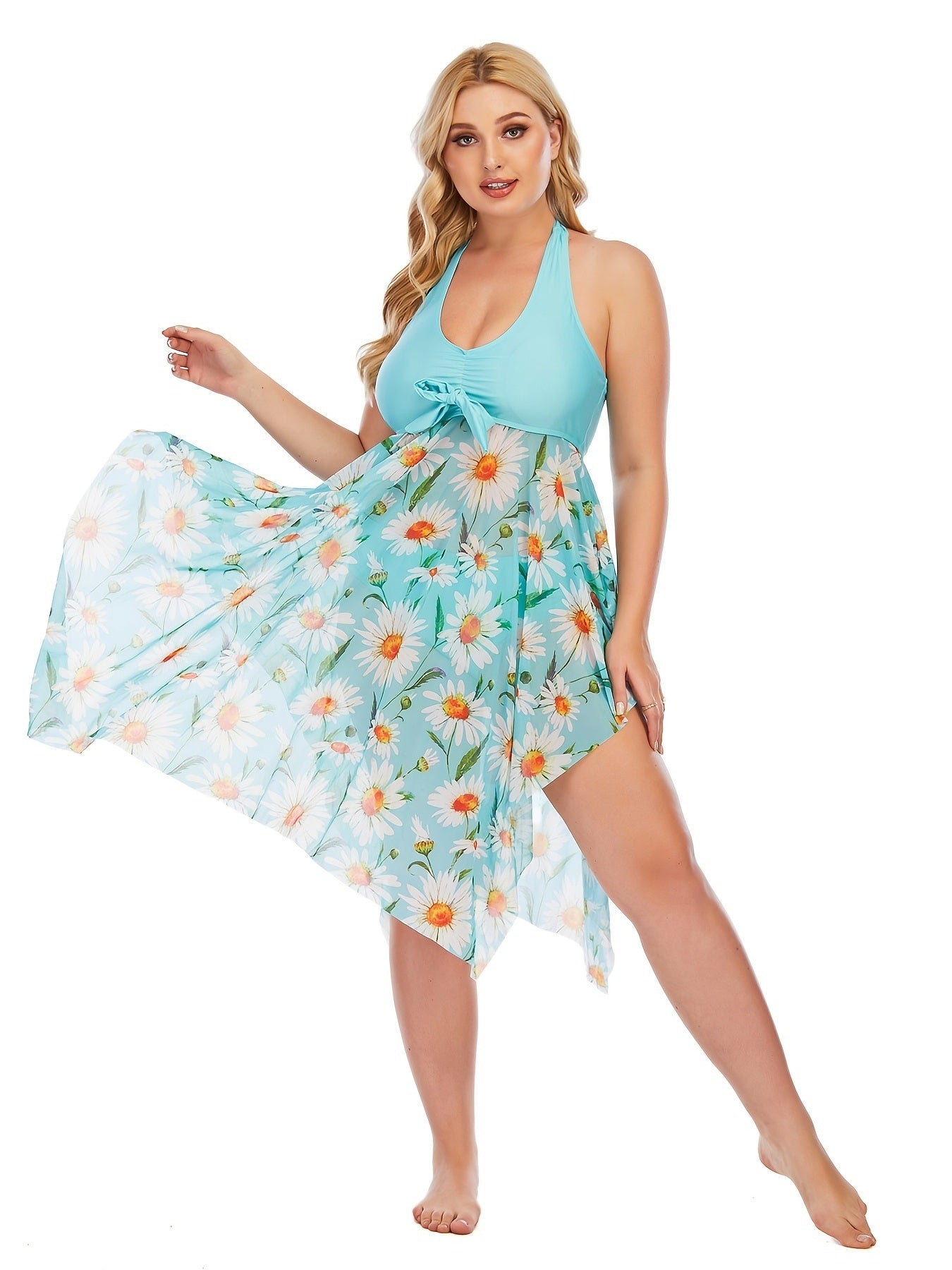 Plus Size Floral Print Irregular Hem Dress & Panty Swimsuit Set