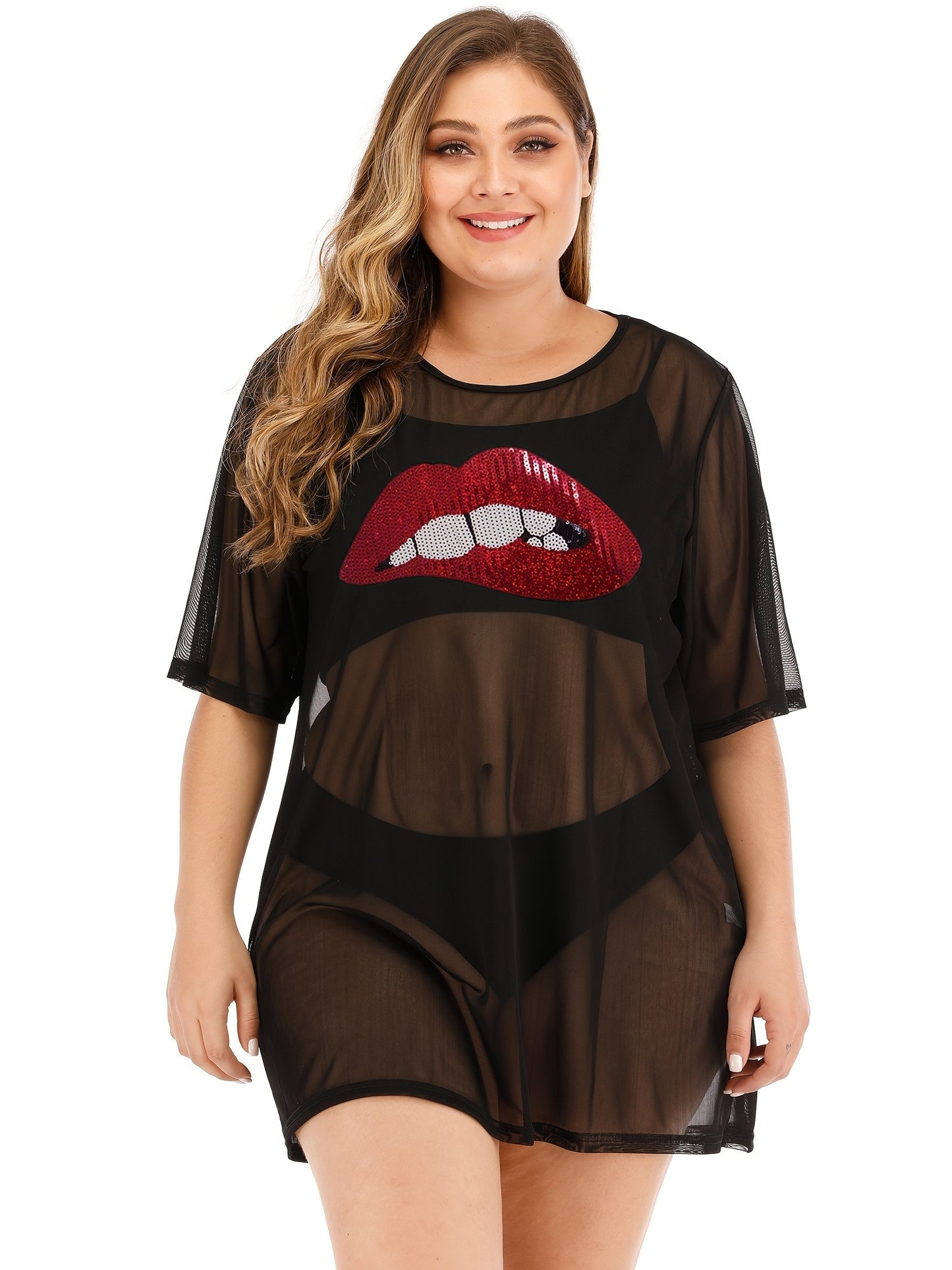 Plus Size Sequin Lip Print Semi Sheer Cover Ups