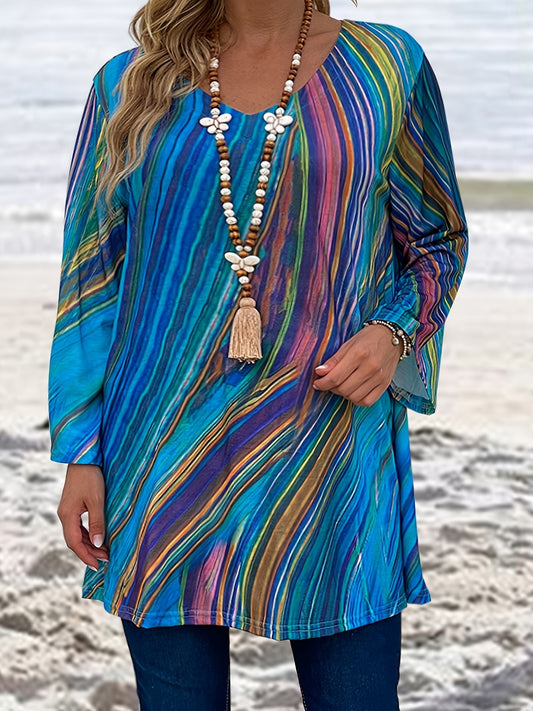 Women's Plus Fluid Print Half Sleeve V Neck Tunic Top