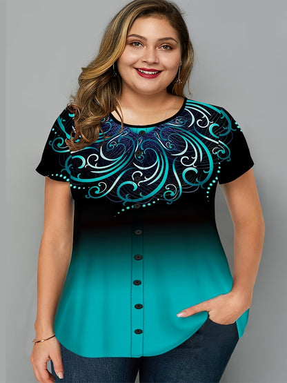 Plus Size Ombre Graphic Print Button Decor Short Sleeve T-shirt; Women's Plus Slight Stretch Casual Top