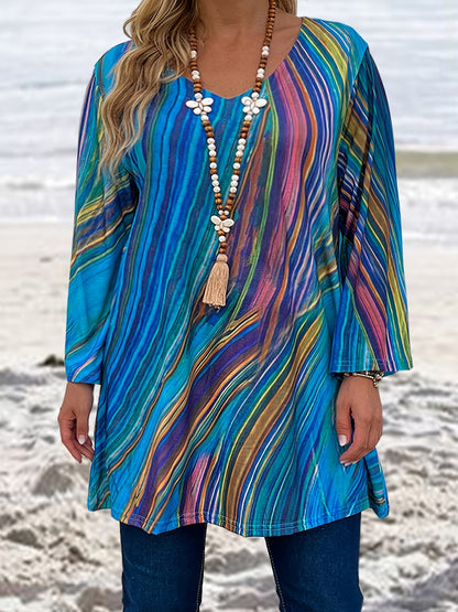 Women's Plus Fluid Print Half Sleeve V Neck Tunic Top
