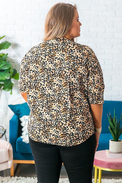 Plus Size Women's Leopard V-neck Hem Knotted Slim Top