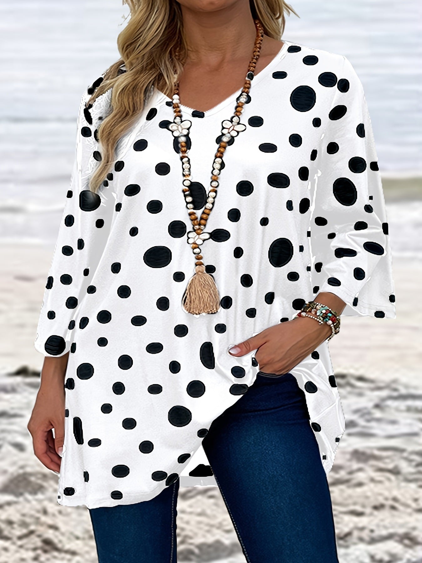 Women's Plus Polka Dot Print Half Sleeve V Neck Top
