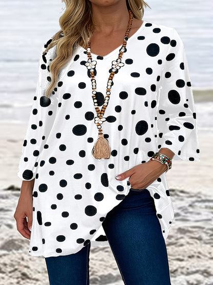 Women's Plus Polka Dot Print Half Sleeve V Neck Top