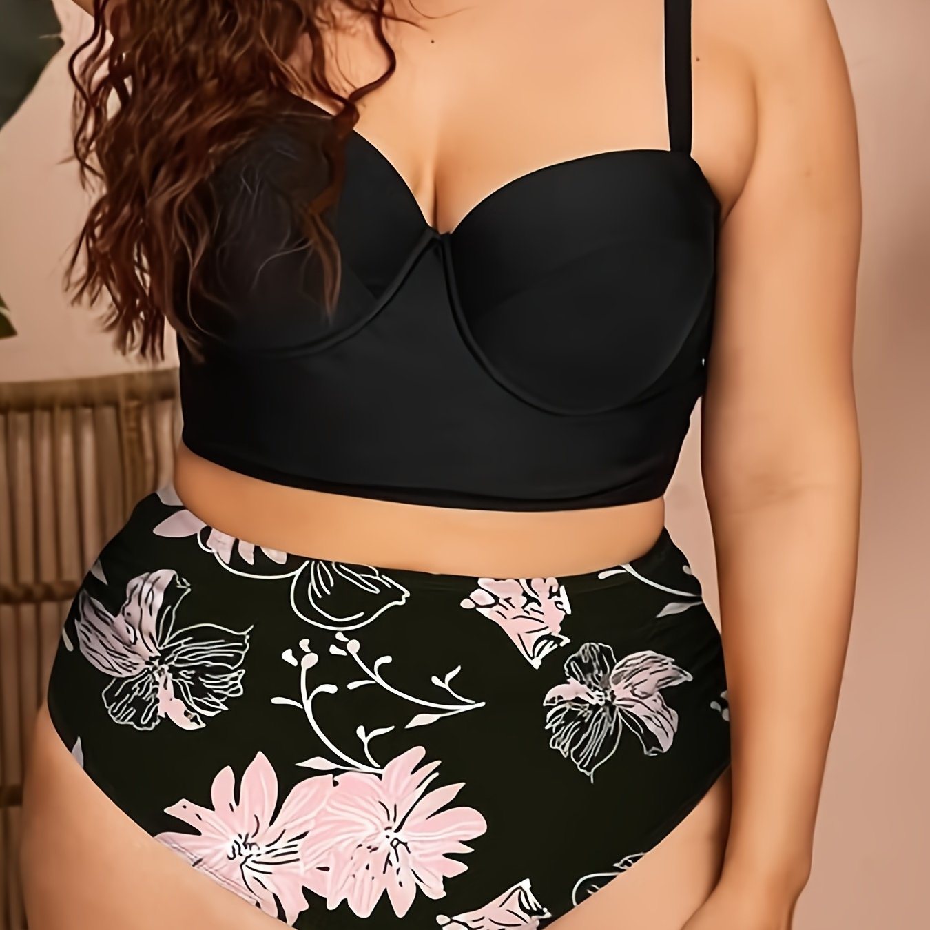 Plus Size Solid Cami Top & Sunflower Print Pants Swimsuit Set