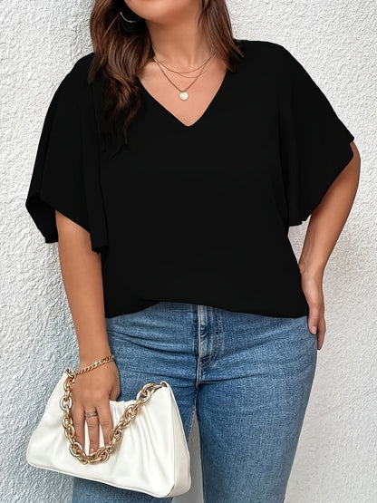 Plus Size Solid Color V Neck Bell Sleeve T-shirt