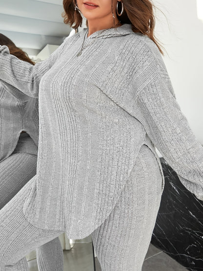 Rib Knit Solid Long Sleeve Hoodie Tops & Leggings Set