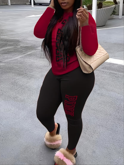 Plus Size Letter Print Long Sleeve Top & Legging Set