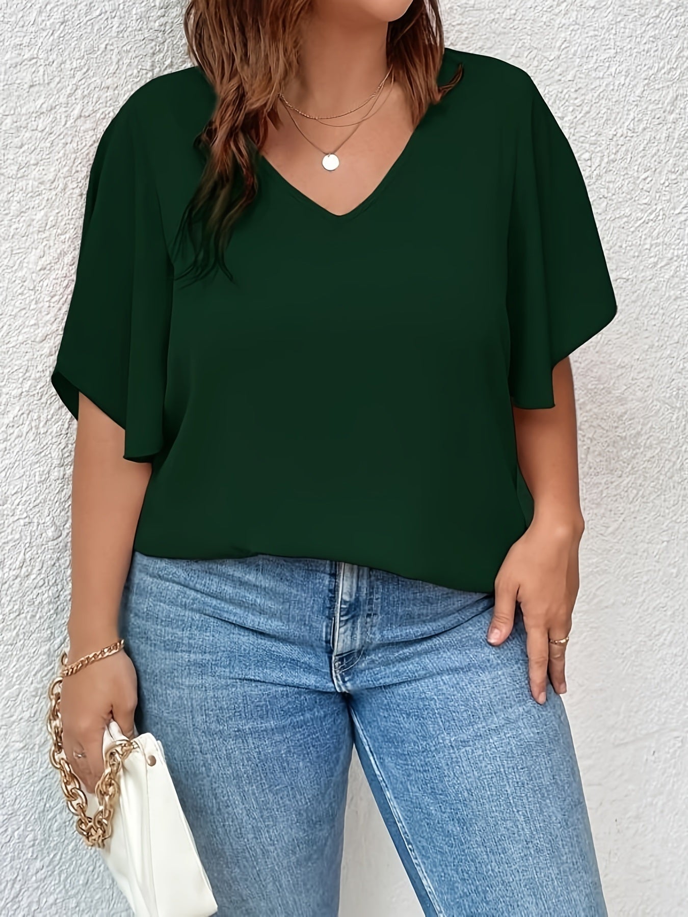 Plus Size Solid Color V Neck Bell Sleeve T-shirt