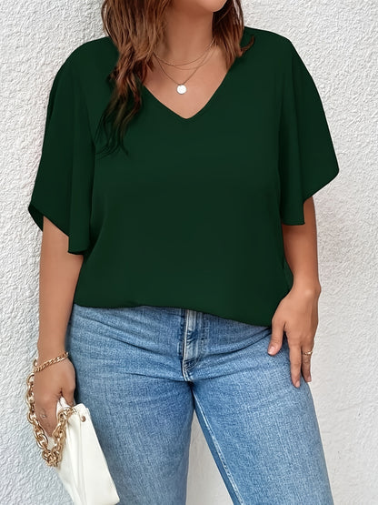 Plus Size Solid Color V Neck Bell Sleeve T-shirt