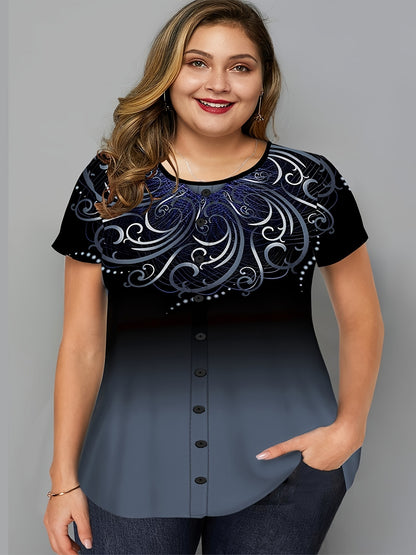 Plus Size Ombre Graphic Print Button Decor Short Sleeve T-shirt; Women's Plus Slight Stretch Casual Top