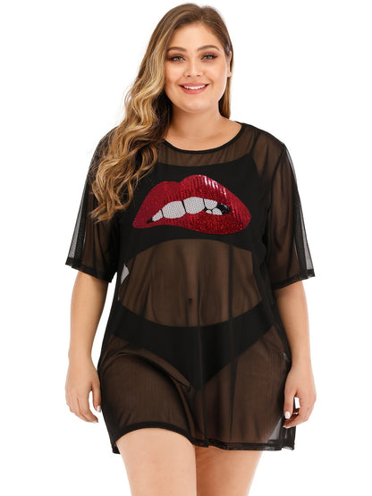Plus Size Sequin Lip Print Semi Sheer Cover Ups