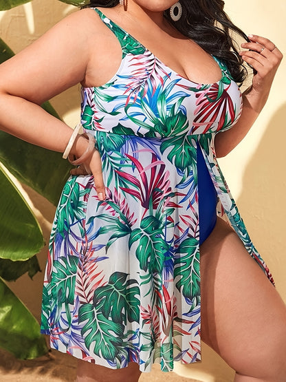 Plus Size Tropical Print Split Hem Contrast Mesh One Piece Swimsuit