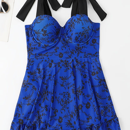 Plus Size Floral Print Knot Strap One Piece Fashion Swimsuit