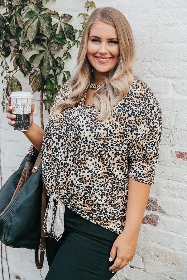 Plus Size Women's Leopard V-neck Hem Knotted Slim Top