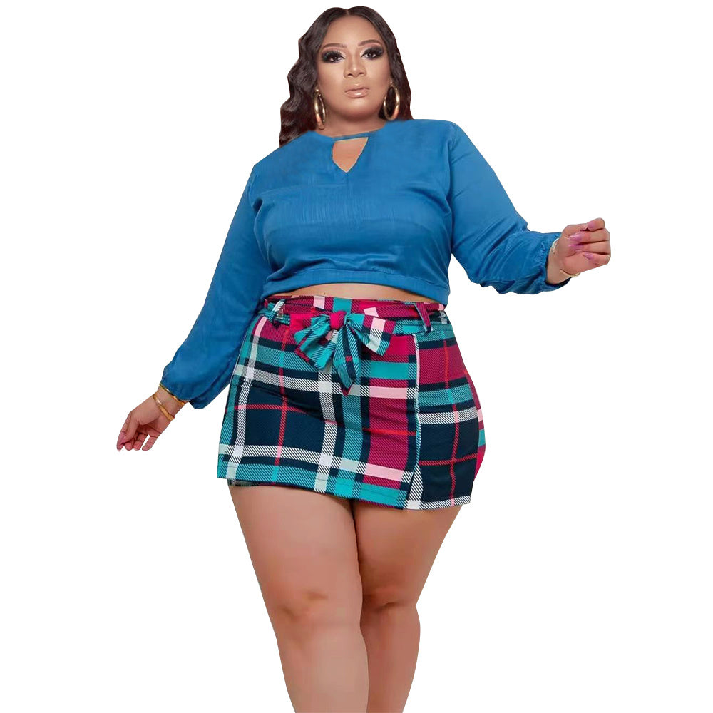 Plus Size Long Sleeve Top and  Plaid Mini Culottes Two Piece Sets