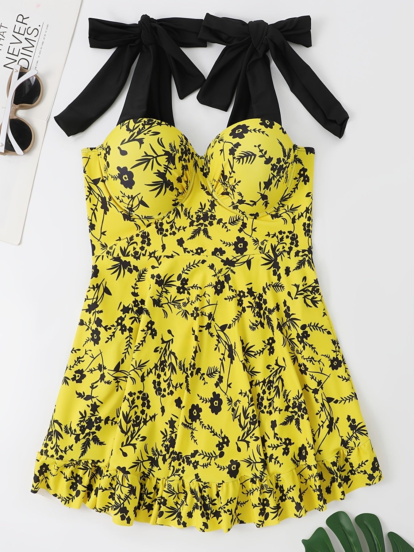 Plus Size Floral Print Knot Strap One Piece Fashion Swimsuit
