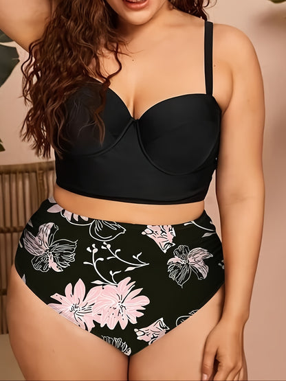 Plus Size Solid Cami Top & Sunflower Print Pants Swimsuit Set