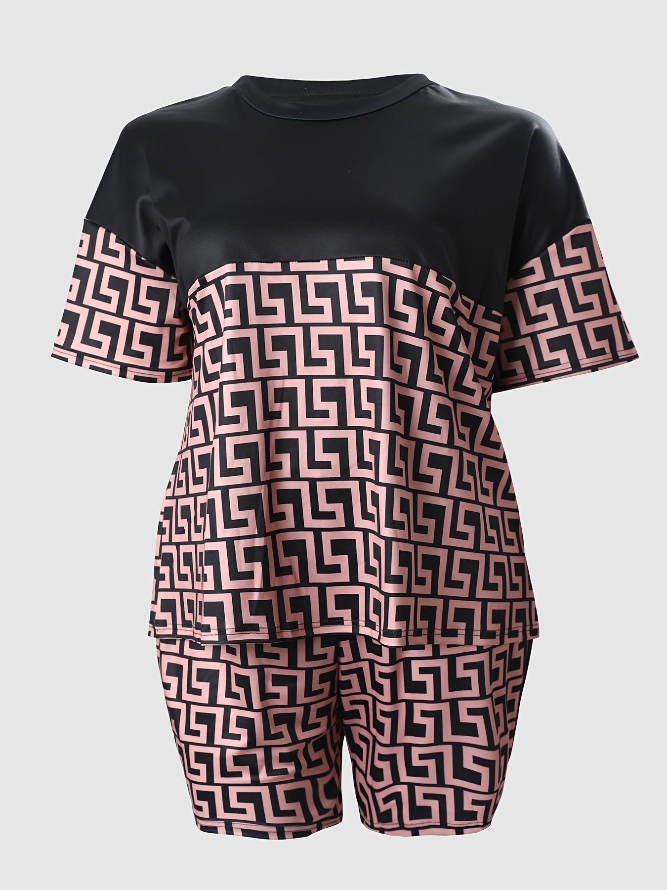 Geometric Print Colorblock Short Sleeve Tops & Shorts Set