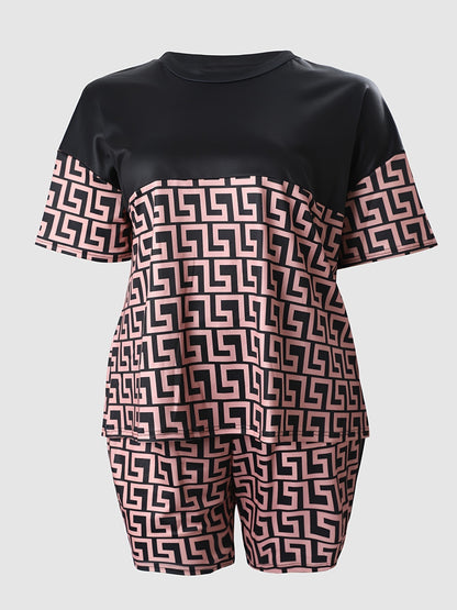 Geometric Print Colorblock Short Sleeve Tops & Shorts Set