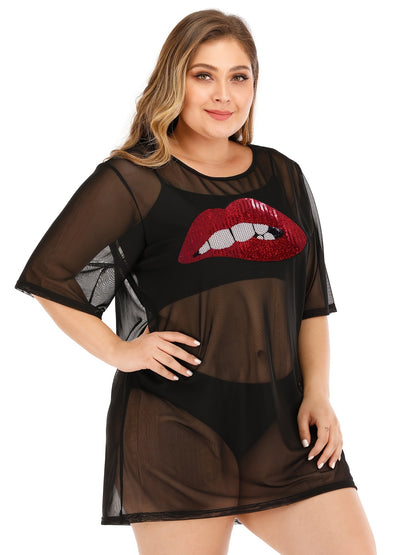 Plus Size Sequin Lip Print Semi Sheer Cover Ups