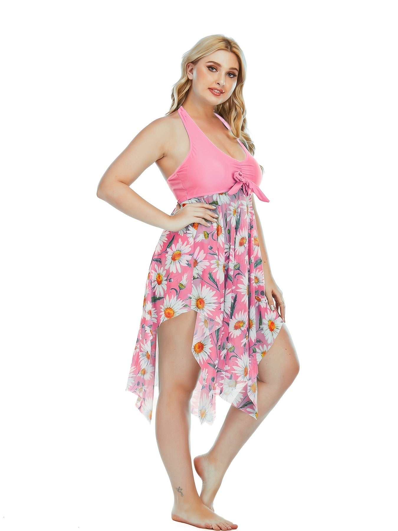 Plus Size Floral Print Irregular Hem Dress & Panty Swimsuit Set