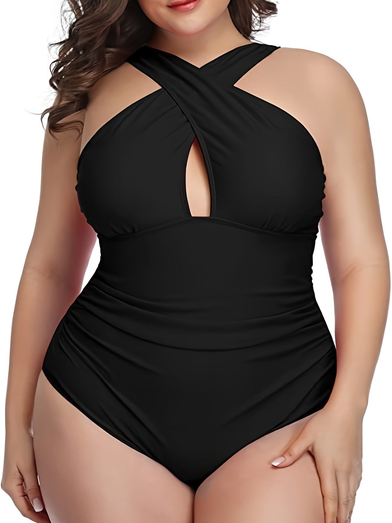 Plus Size Criss Cross Neck Cut Out One Piece Swimsuit
