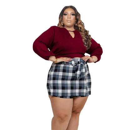 Plus Size Long Sleeve Top and  Plaid Mini Culottes Two Piece Sets