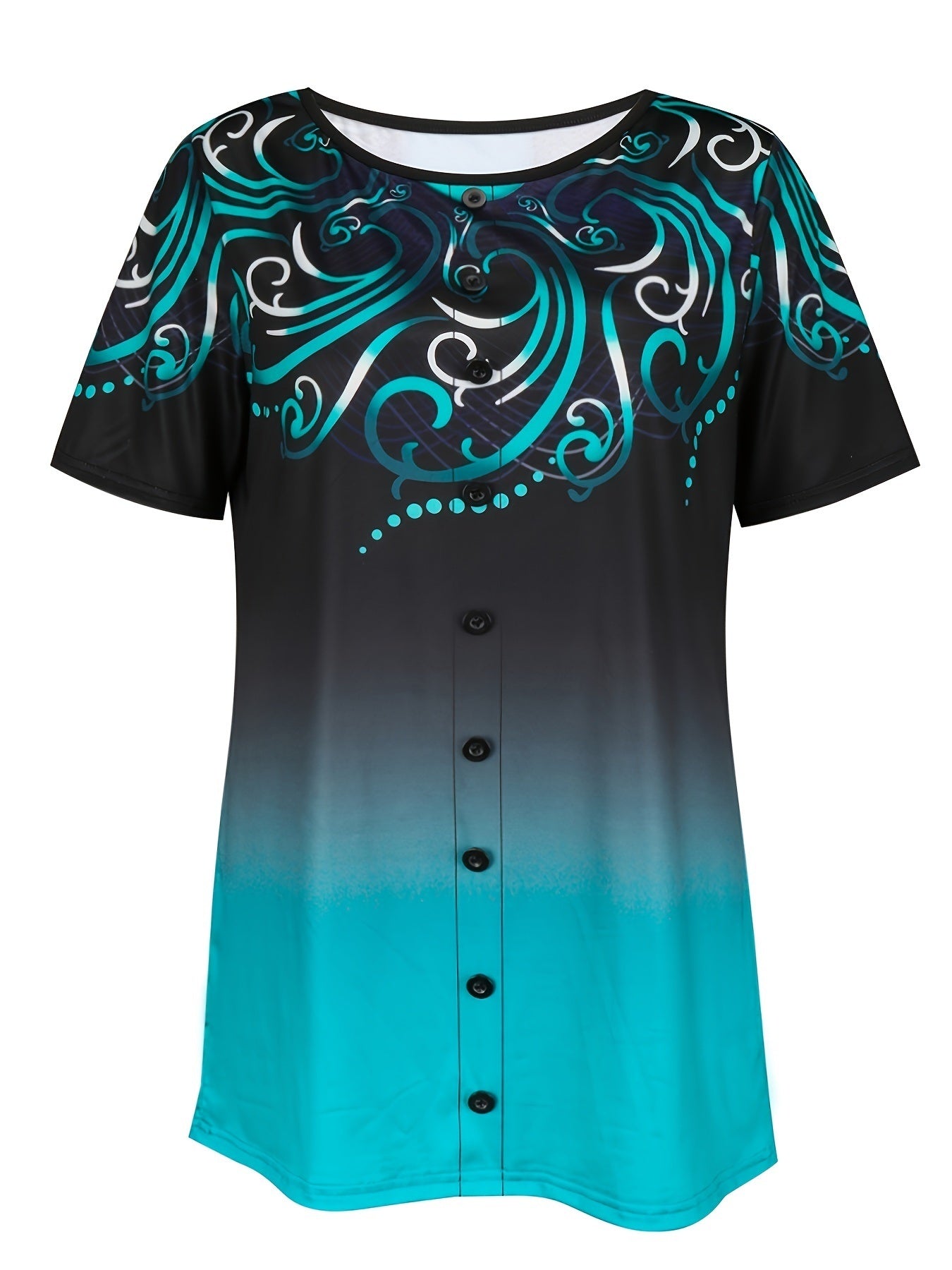 Plus Size Ombre Graphic Print Button Decor Short Sleeve T-shirt; Women's Plus Slight Stretch Casual Top