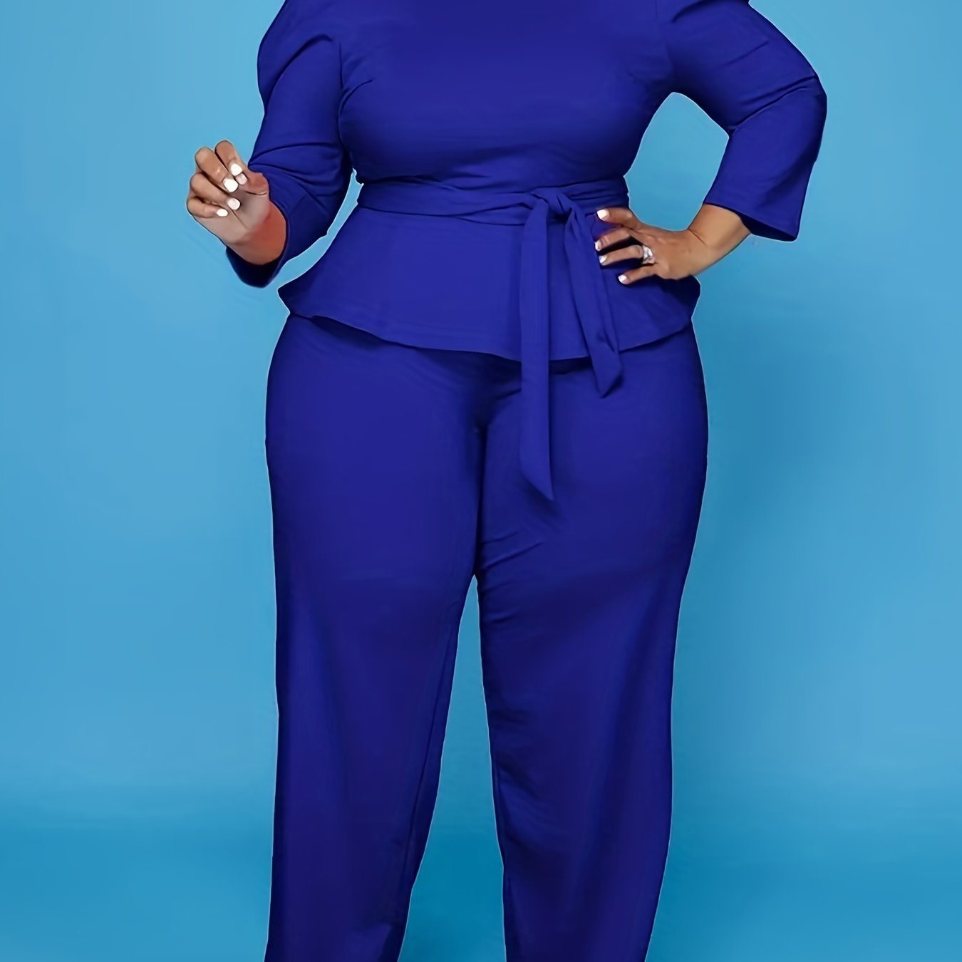 Women's Plus 3/4 Sleeve Peplum Zipper Tops Wide Leg Pant Outfits