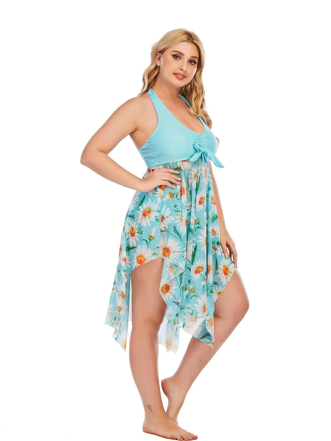 Plus Size Floral Print Irregular Hem Dress & Panty Swimsuit Set