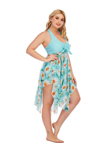 Plus Size Floral Print Irregular Hem Dress & Panty Swimsuit Set