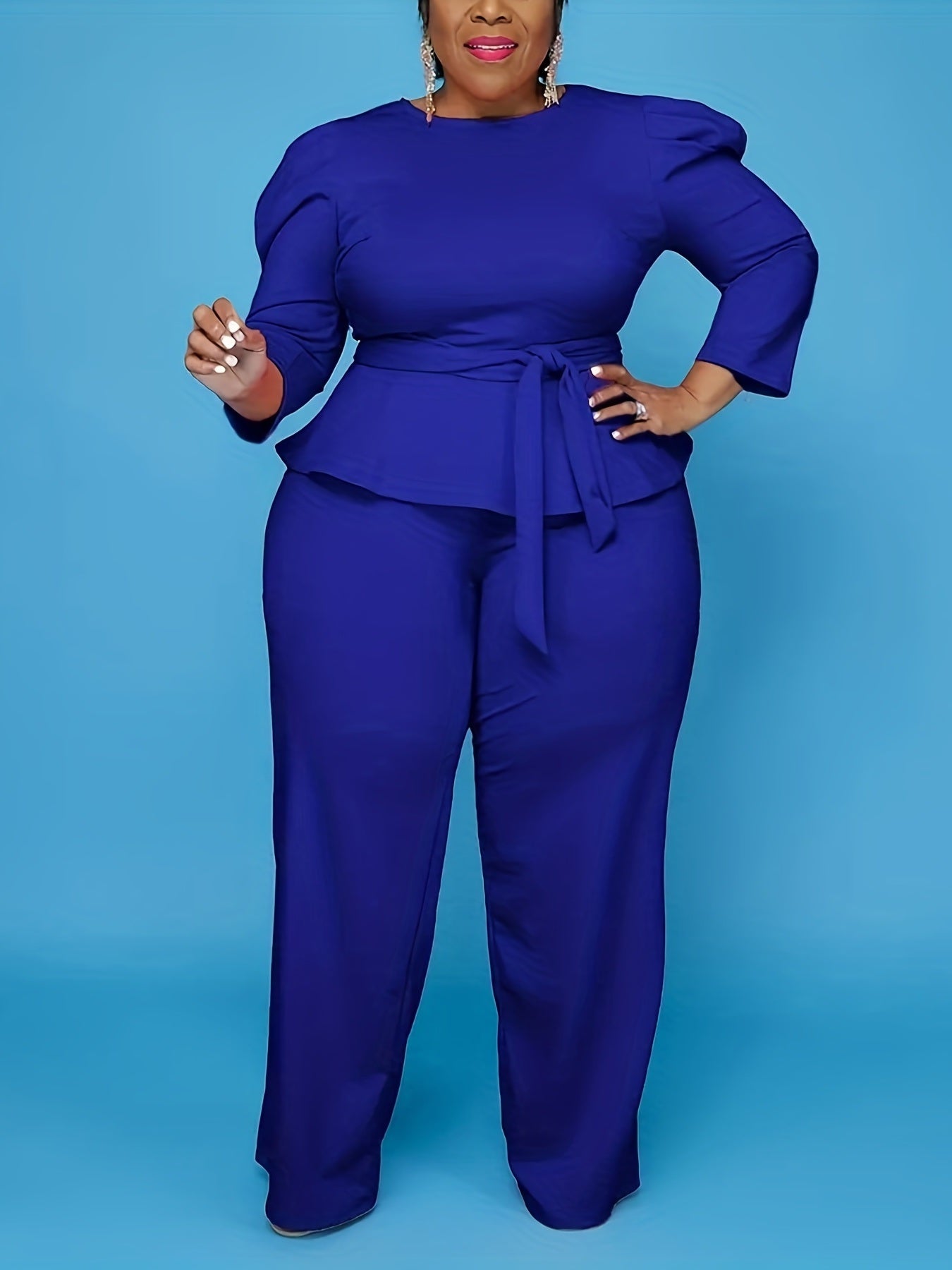 Women's Plus 3/4 Sleeve Peplum Zipper Tops Wide Leg Pant Outfits