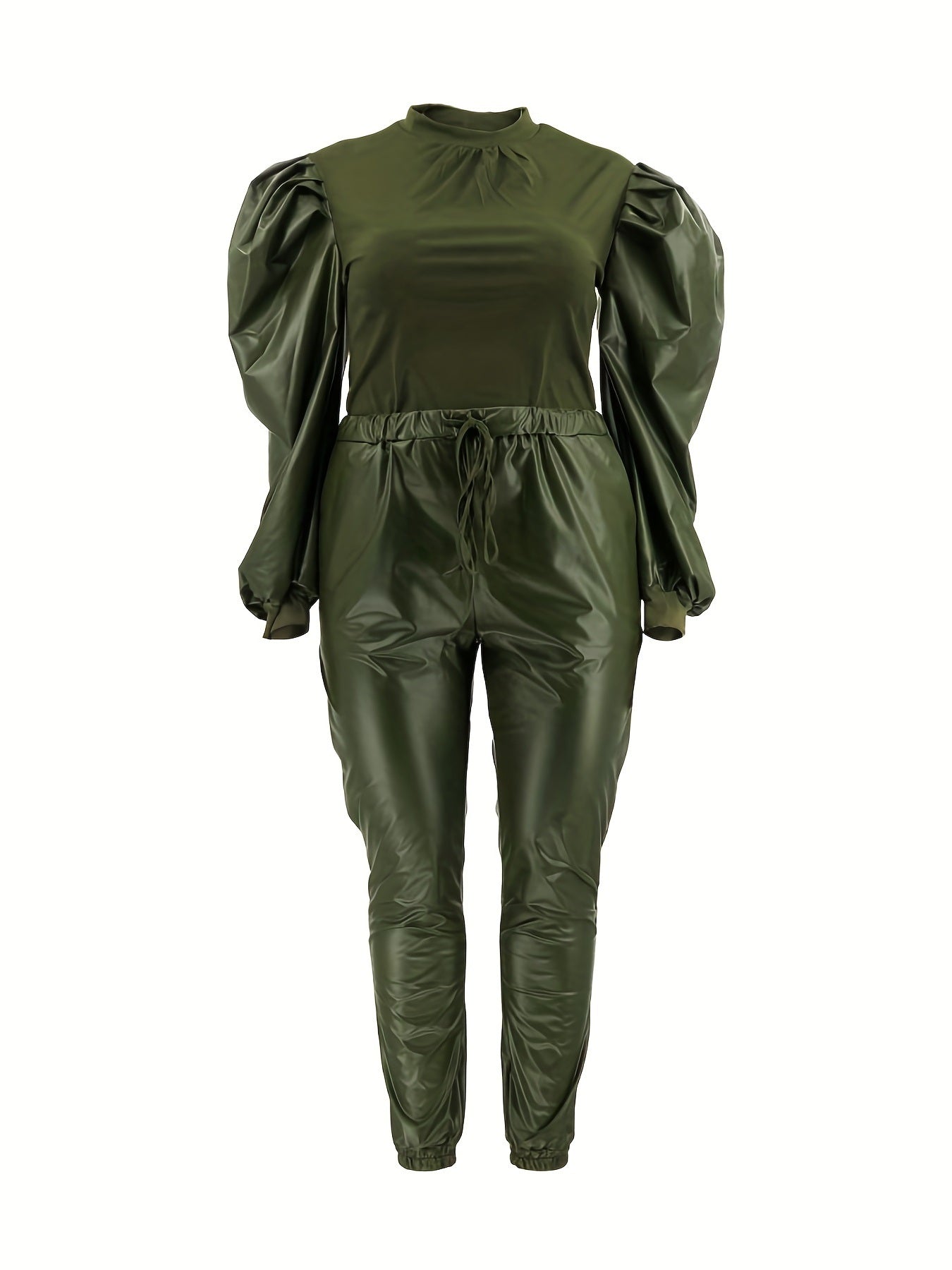 Plus Size Contrast Layer Solid Puff Sleeve Tops & Sweatpants Set
