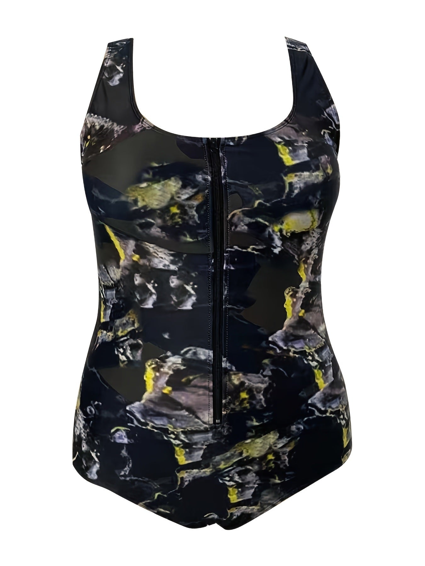 Plus Size Tie Dye Zipper Square Neck One Piece Swimsuit
