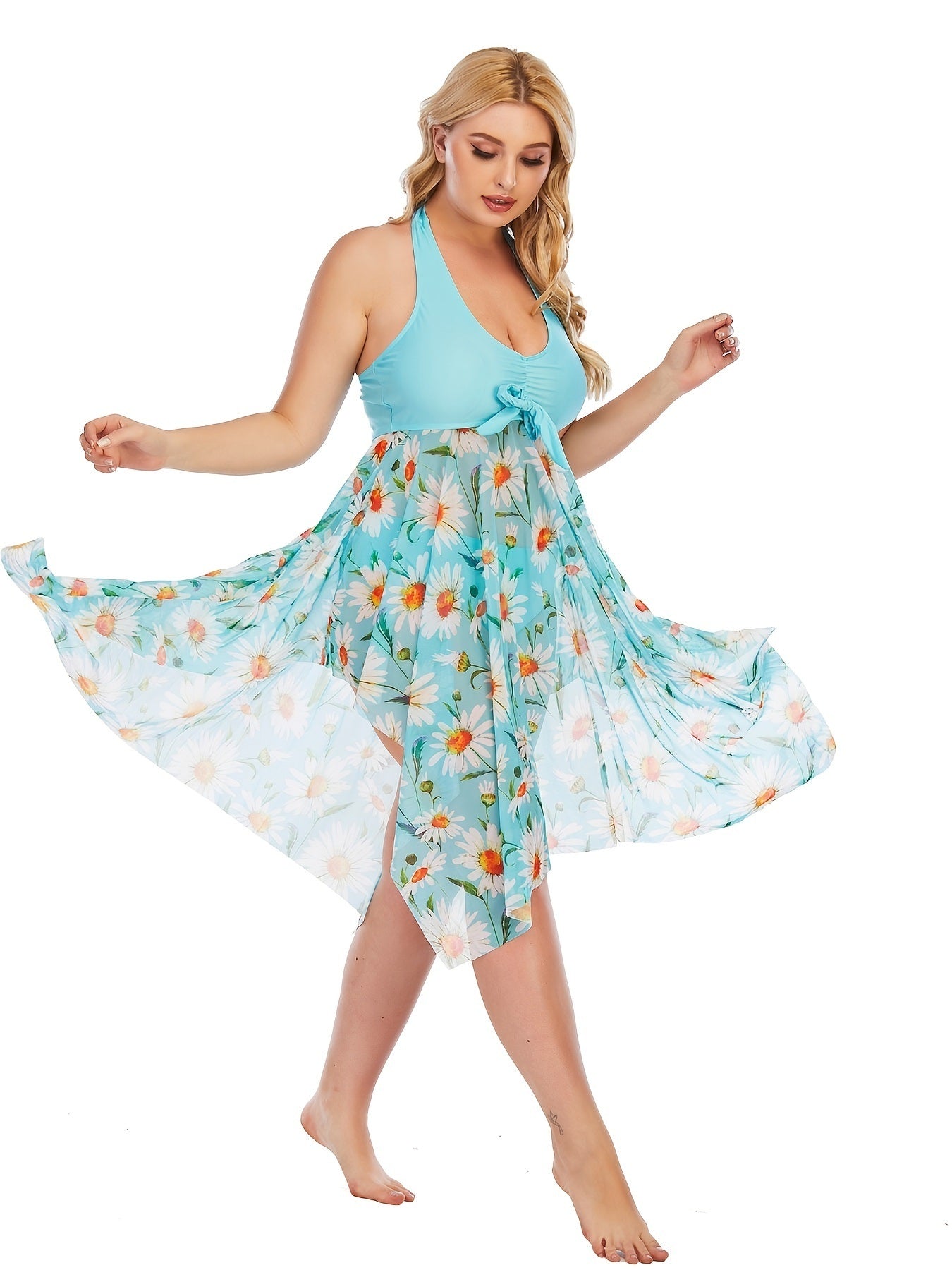 Plus Size Floral Print Irregular Hem Dress & Panty Swimsuit Set