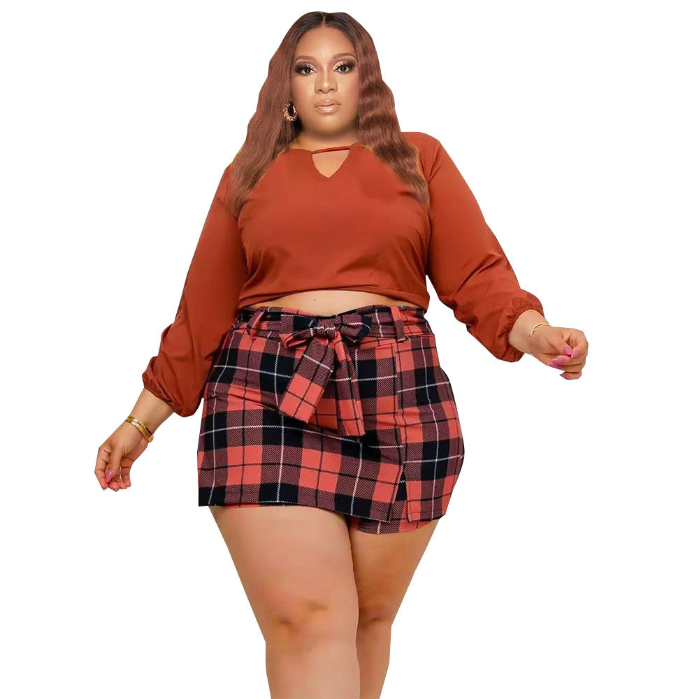 Plus Size Long Sleeve Top and  Plaid Mini Culottes Two Piece Sets