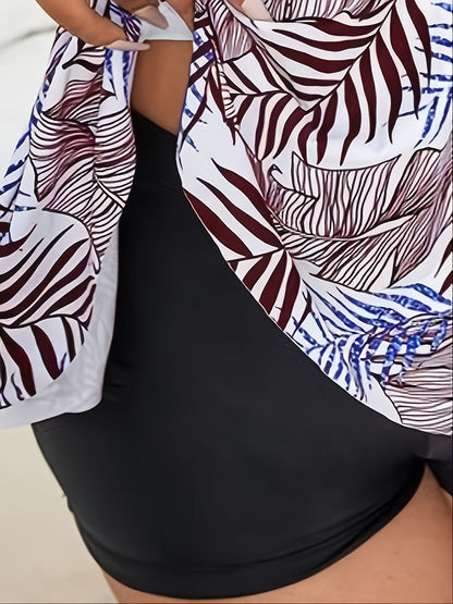 Plus Size Tropical Print High Waist Bikini Set