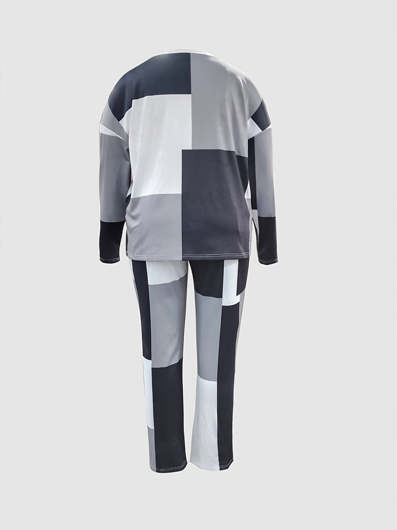 Plus Size Color block Long Sleeve Tops & Pants Set