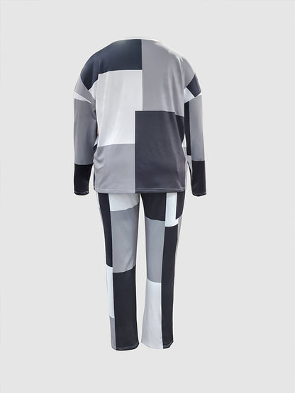 Plus Size Color block Long Sleeve Tops & Pants Set